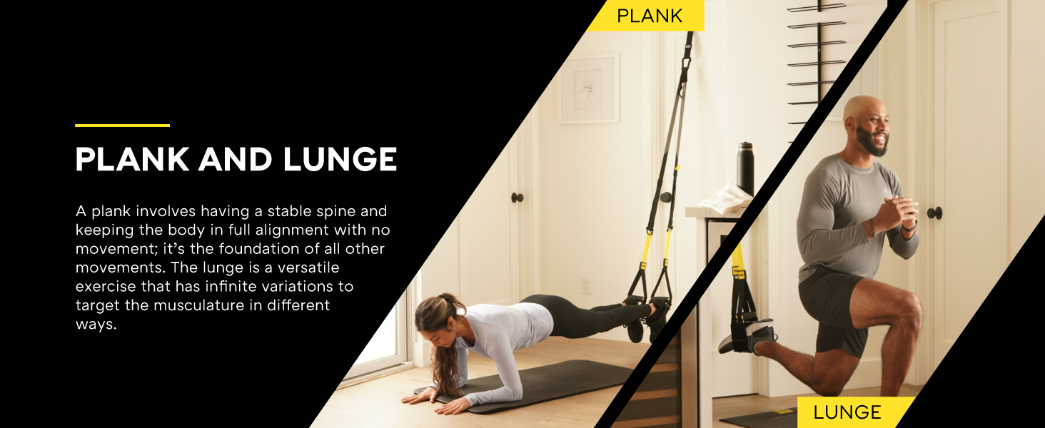 Two people exercising with Suspension Trainers. Text reads: Plank and lunge.