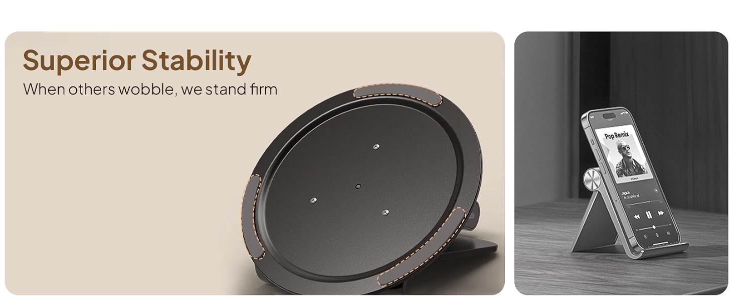 Split image showing a round black device stand labeled 'Superior Stability' and a phone holder displaying stable mounting capabilities.