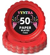 Vyntra 50 Pcs Red Paper Plates 7 Inch, Disposable Dessert Plates for Christmas Holiday Parties, L...