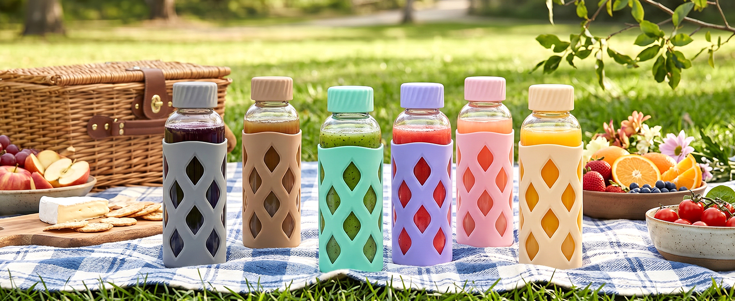 16oz glass water bottles with protective sleeve,leak proof,glass juice bottles with caps and straws
