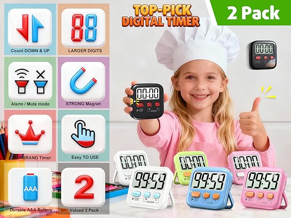 Text reads 'TOP-PICK DIGITAL TIMER 2 Pack'. Product image shows digital kitchen timer with app icons indicating wireless features and various settings. Multiple '$5.99' price tags visible.