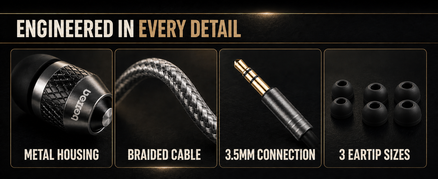 Four panels highlighting metal housing, braided cable, 3.5mm plug, and eartips