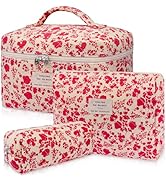 Gosect 3pc Makeup Bag Set, Quilted Makeup Bag Set, Large Floral Cosmetic Bag for Women, Cute Cott...