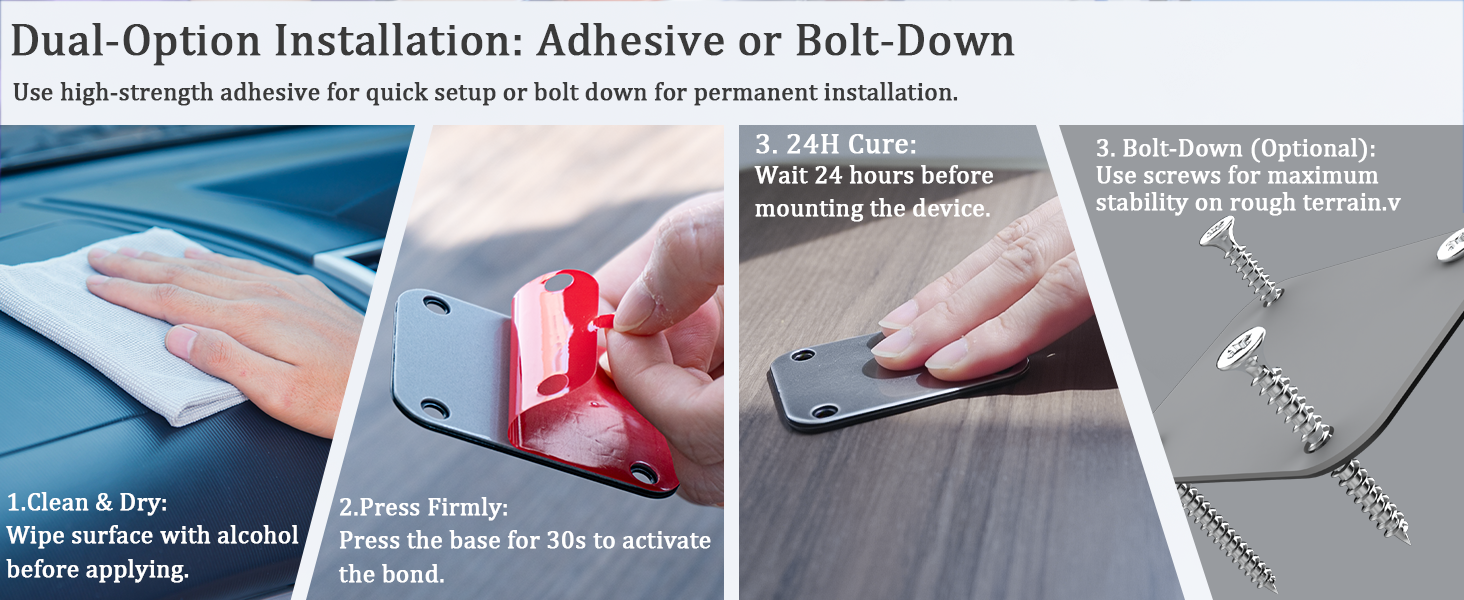 Drill-free magnetic car mount with 3M adhesive, screw-in tablet holder.
