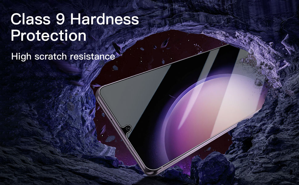 Smartphone screen protector advertisement. Dark background with water splash effect. Text highlights Class 9 Hardness Protection and high scratch resistance.