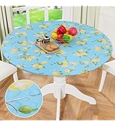 misaya Round Fitted Tablecloth with Elastic Edge, 100% Waterproof Oil Proof Plastic Table Cover, ...