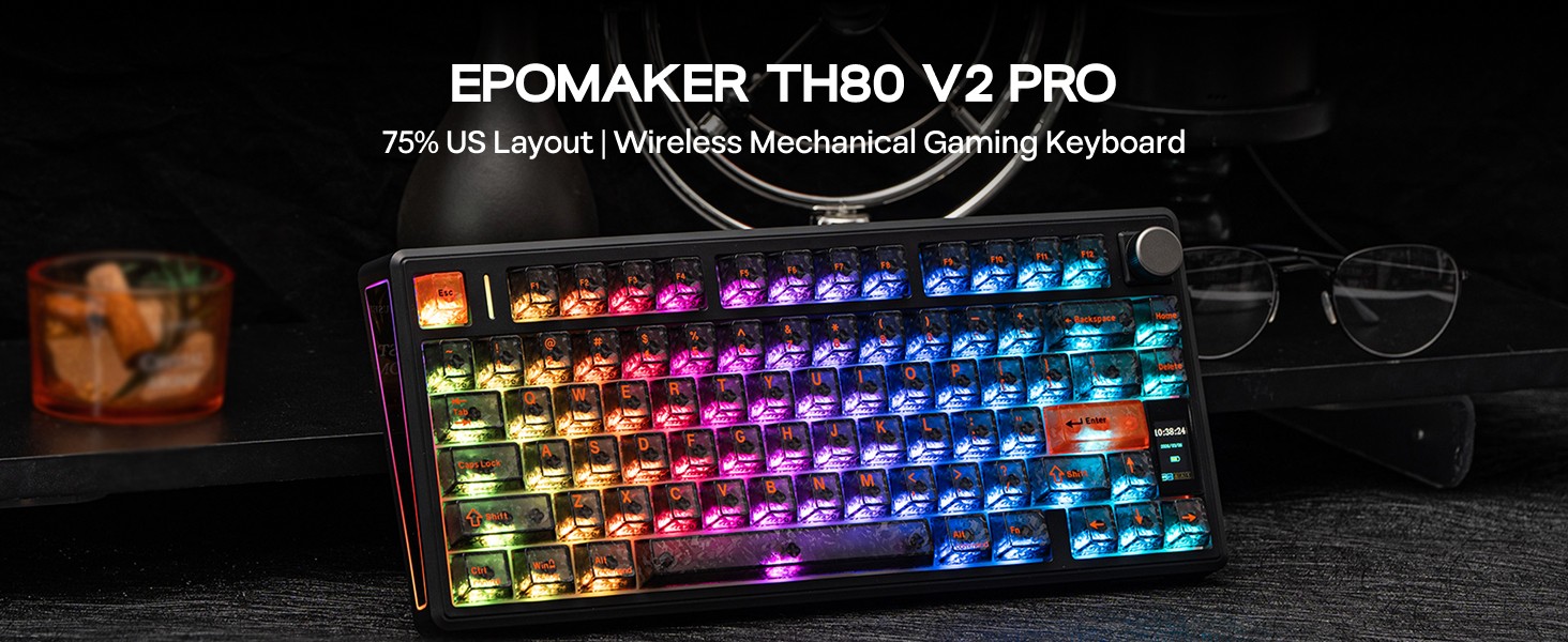 Gaming keyboard with RGB backlit keys displaying rainbow colors across the keys in different lighting patterns and configurations.