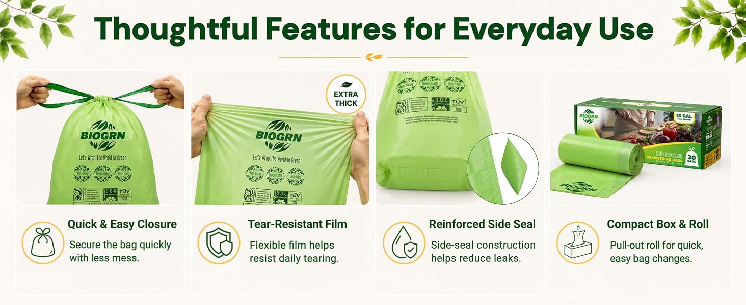 BIOGRN bag details including closure, film, star seal, and pull-out roll.
