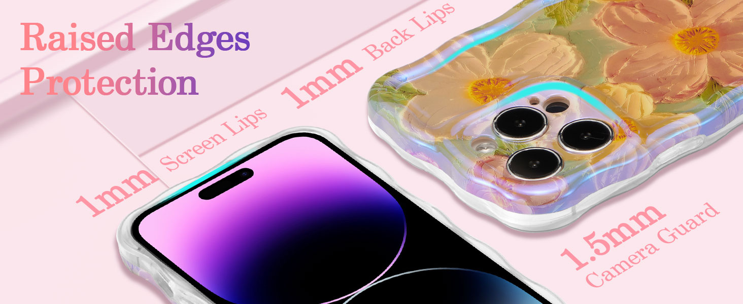 Phone case diagram showing protective features including 1.5mm raised edges, illustrated with pink text labels and transparent case design.