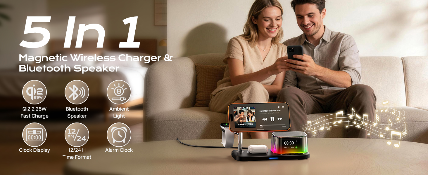 5 in 1 charging station with bluetooth speaker and alarm clock