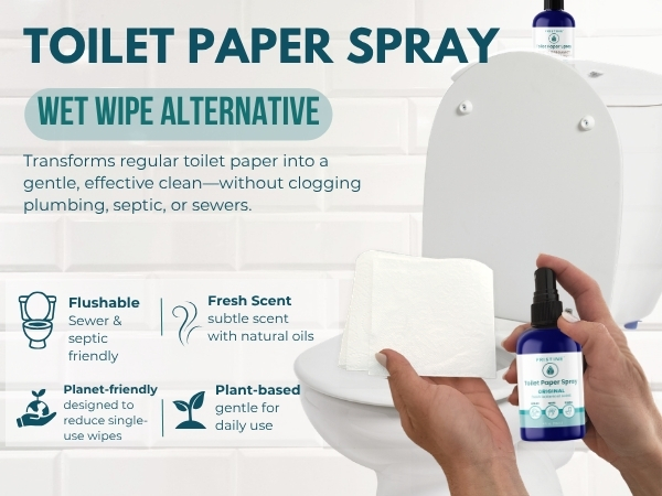 Bathroom background with person spraying Pristine toilet paper spray onto toilet paper