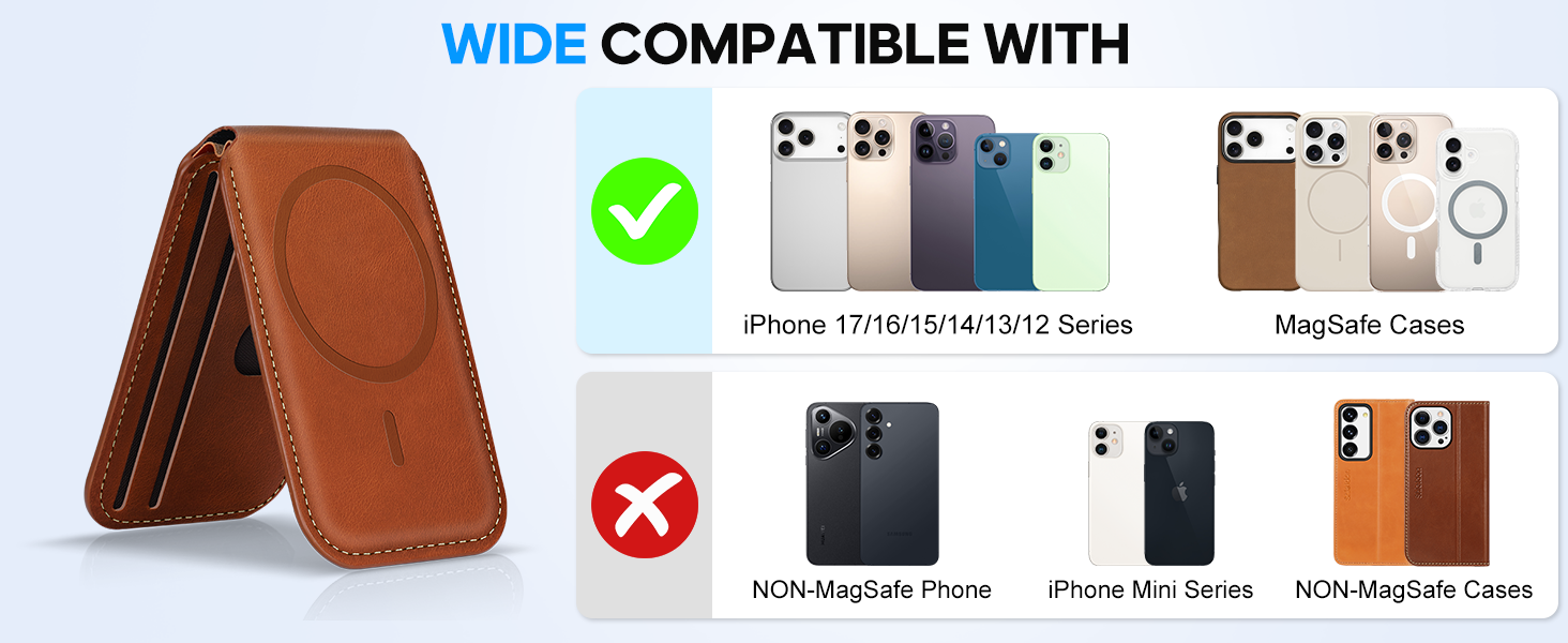 Text reads: 'WIDE COMPATIBLE WITH' with checkmark and X symbols. Brown leather flip phone case shown compatible with iPhone models and MagSafe cases; incompatible with specific phone cases listed.