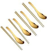 Chinese Metal Soup Spoons and Chopsticks Set for 4 People, Reusable Stainless Steel Ramen Short H...