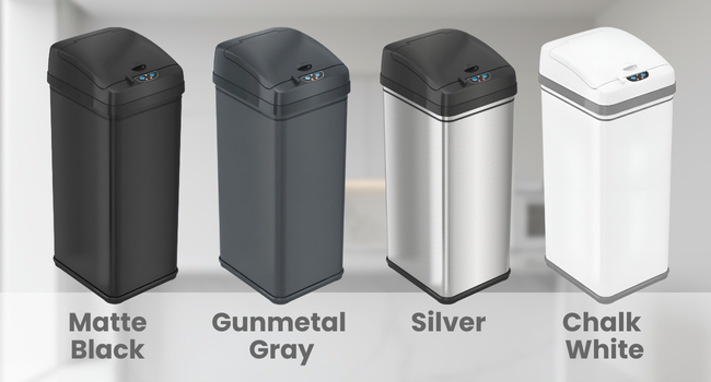 iTouchless sensor trash can shown in black, gray, silver, and white