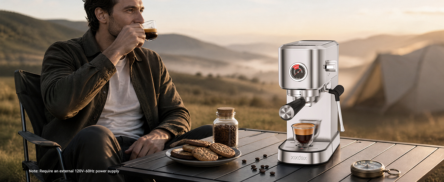 espresso machine RV camping outdoor coffee requires 120V power supply