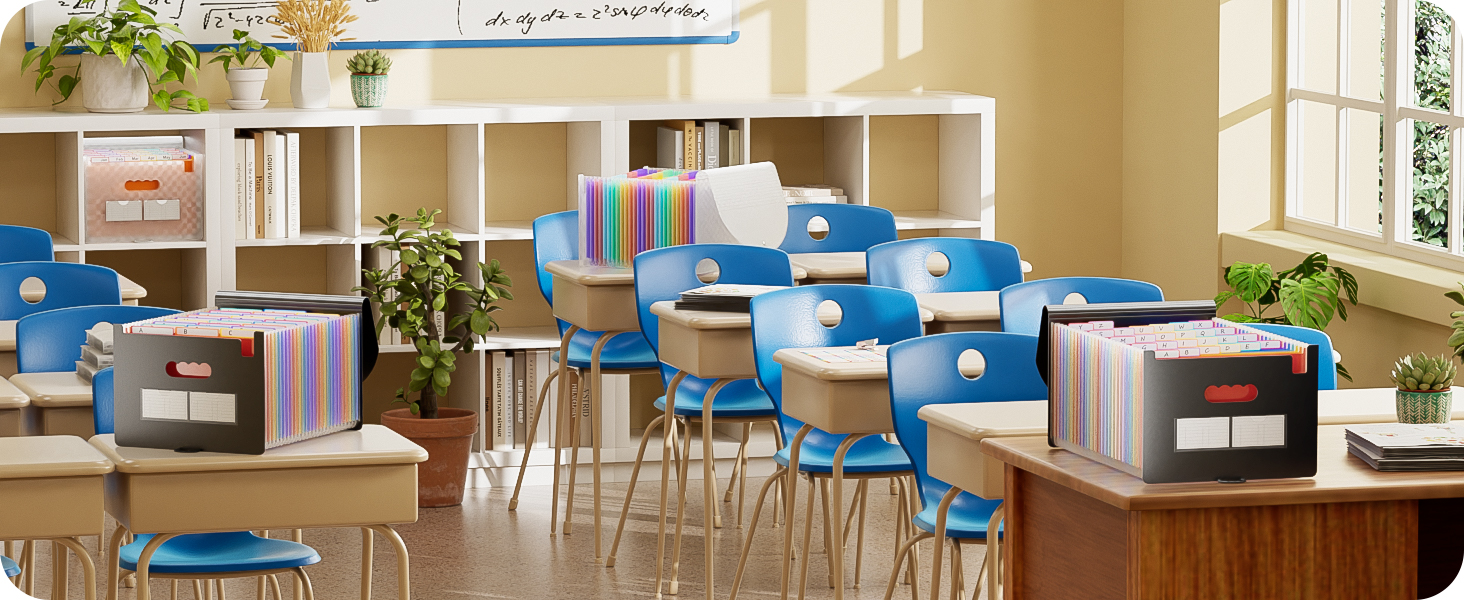 Classroom interior with wooden desks, blue chairs, and white shelving units. Document storage boxes and colorful binders visible on desks and shelves. Sunlight streams through a window, highlighting potted plants.