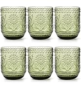 Hacaroa Set of 6 Vintage Drinking Glasses, 12 Oz Green Colored Glassware Floral Embossed Water Gl...