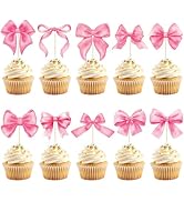 Hooqict 40Pcs Pink Bow Cupcake Toppers Pink Bow Birthday Cake Decorations Cupcake Picks for Girls...