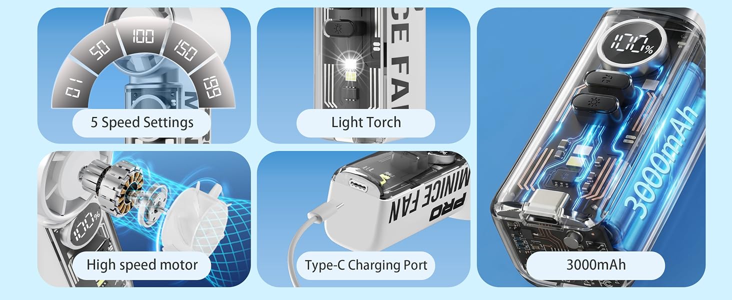 Fans with Power Display Flashlight, USB Rechargeable Battery