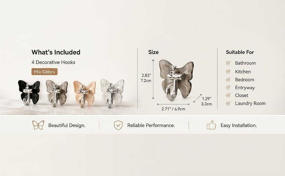 4-pack butterfly wall hooks with dimensions and product information.