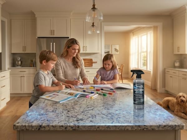 Mother helping children with homework and crafts at large kitchen island. Family dog relaxing