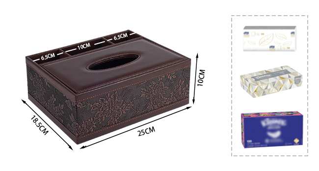 Dark brown decorative tissue box holder shown with dimensional measurements indicated. Additional images show clear and blue tissue box variations.