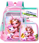 Clear Backpack for Girls and Boys, Kids Transparent Bookbag, 3PCS Cute See Through School Bag for...
