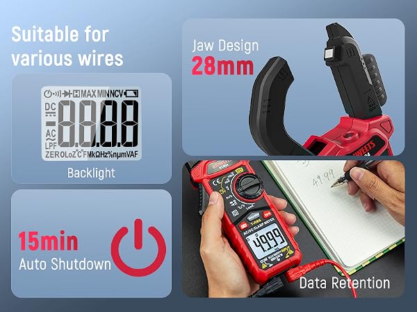 Digital clamp meter with 28mm jaw, backlit display, 15-minute auto-shutdown, and data retention. Suitable for various wires, shown in use.