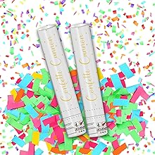 Two silver cylindrical tubes displayed against colorful confetti background with bright pink, green, yellow and blue scattered pieces.
