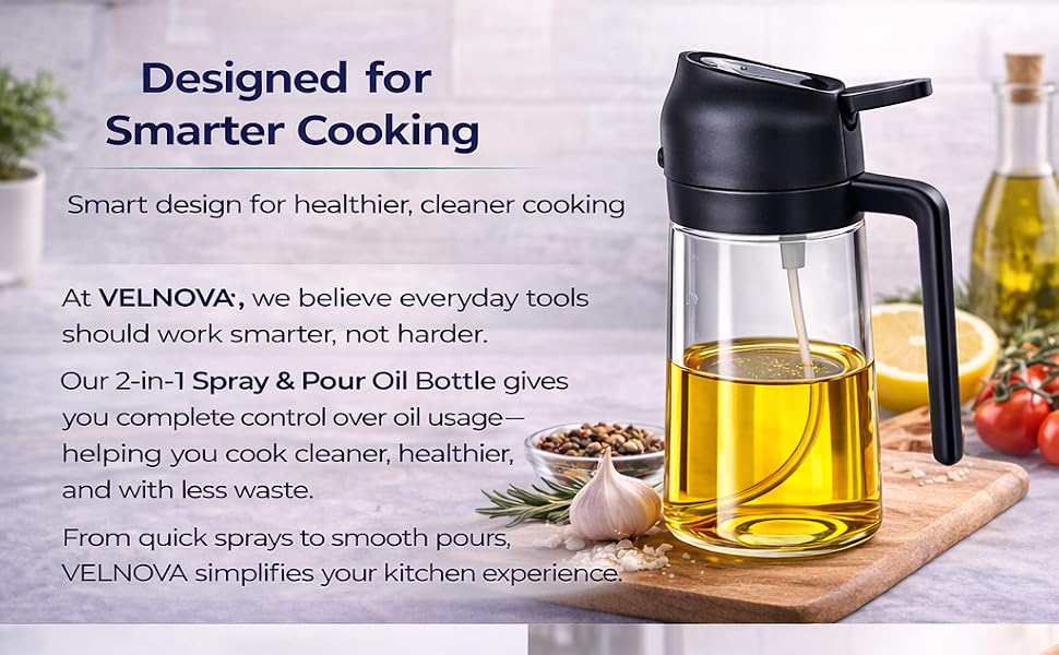 VELNOVA spray and pour oil bottle on a kitchen counter with olive oil and fresh ingredients.