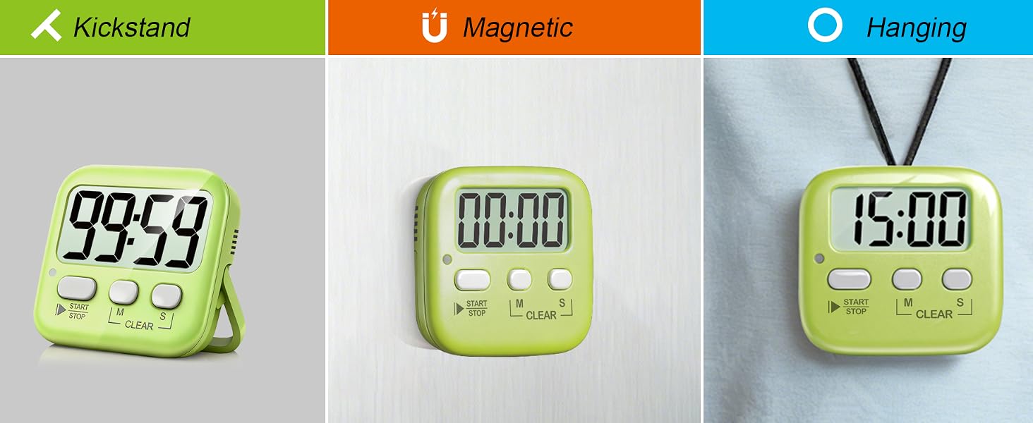 Digital timer displays showing different time settings: 55:59, 00:00, and 15:00, presented in varying green and blue color schemes.