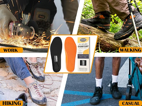 Multi-purpose insole product showcased in four different usage scenarios: work, walking, hiking, and casual wear, with orange and black design.