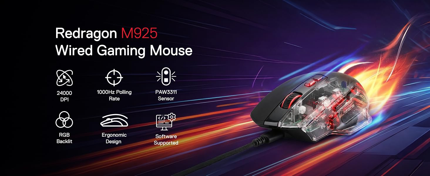 Redragon M925 wired mouse with 24000 DPI and RGB for esports delivers fast precise control