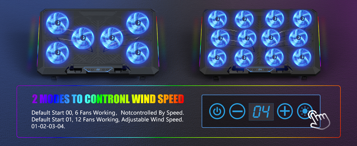 Multi-panel display of computer fan controller with blue LED display showing speed controls and monitoring interface. Text shows digital readouts and control options.