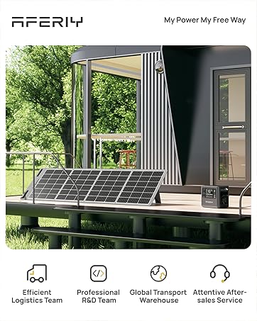 Outdoor scene with solar panels on a wooden deck. Modern structure with large windows visible. Icons below show company services including logistics and after-sales support.