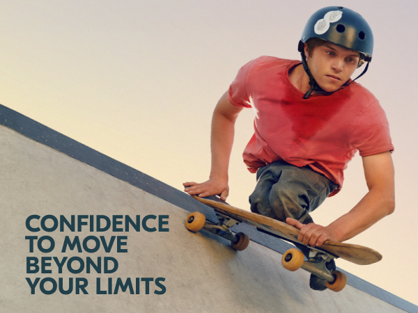 Text over a picture of a young male athlete with a disability skating while wearing a helmet.