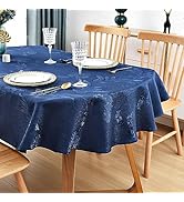Wolkemer Shiny Oval Jacquard Tablecloth 60 x 84 Inch Navy Blue Floral Countryside Leaves Damask P...