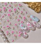 Flowers Nail Art Stickers Decal 5D Self-Adhesive Pink Rose Nail Supplies Floral Nails Stickers wi...