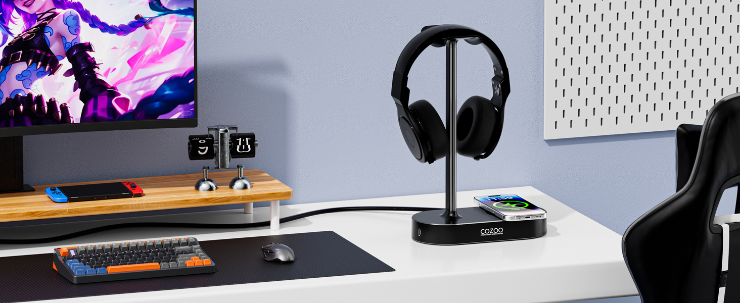 Headphone Stand with Wireless Charging Pad and 3 USB Charging