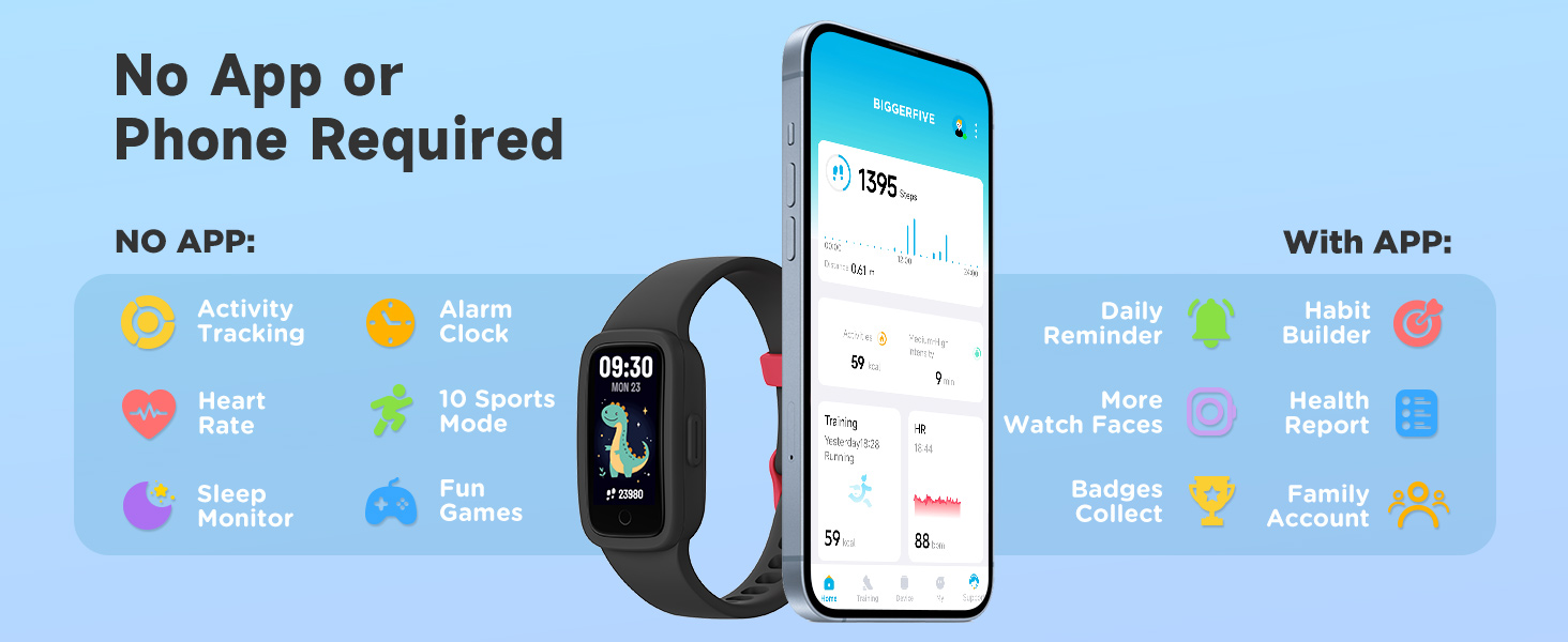 Text reads 'No App or Phone Required' and 'With APP'. Comparison of fitness tracking device functionality, showing smartphone app interface and standalone device features.