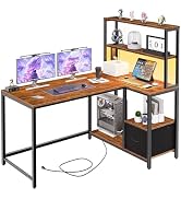 HOOBRO L Shaped Gaming Desk, 46 Inch Reversible Computer Desk with LED Light & Power Outlet, Offi...