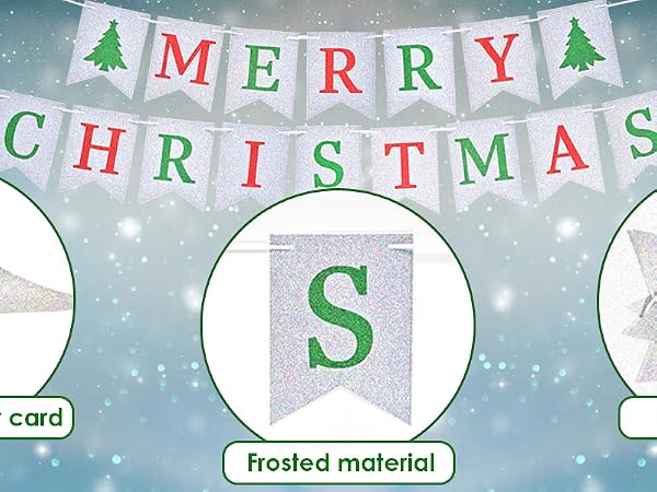 Christmas banner with 'MERRY CHRISTMAS' text. Inset circles highlight premium paper card, frosted material, and preassembled features.