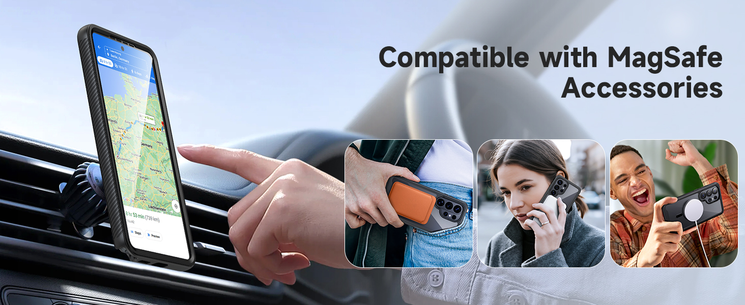 Text reads 'Compatible with MagSafe Accessories'. Smartphone mounted on car dashboard air vent showing navigation map, with four small photos demonstrating various MagSafe accessory uses.