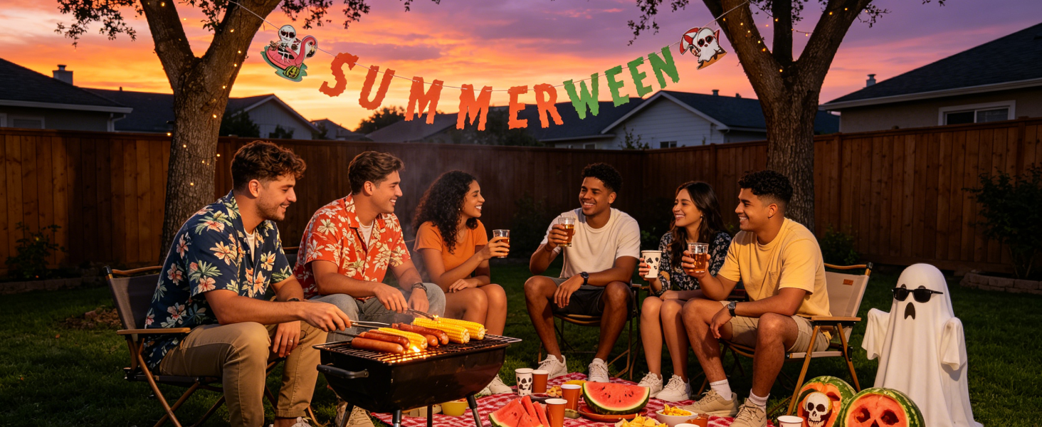 Summerween banner between trees at backyard BBQ.