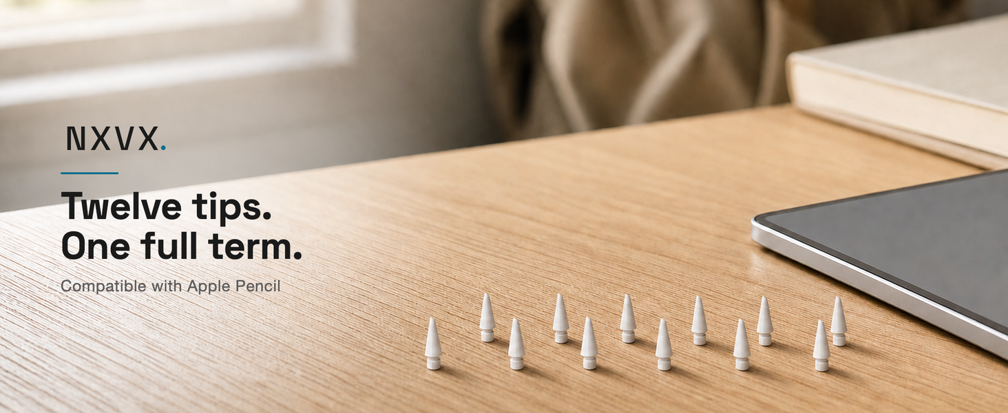 NXVX replacement tips arranged on a study desk beside a tablet