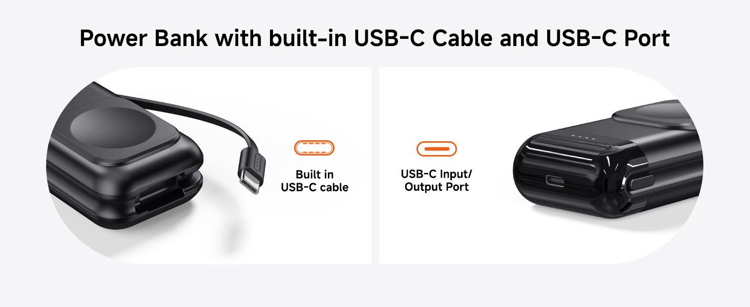 Compact black power bank featuring built-in USB-C cable and output port, shown from multiple angles highlighting its integrated cable design.
