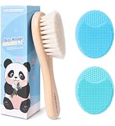 SAMEBUTECO Baby Hair Brush and Cradle Cap Brush Set Goat Hair Bristles Brush 2 Pieces Silicone Cr...