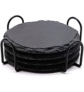 4 PCS Round Slate Drink Coasters Set, SIJDIEE 4 Inch Laser Engraving Black Slate Stone Coasters w...