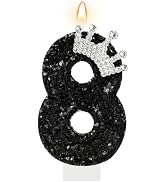 AKURIEEY Black Birthday Candle Crown Number 8 Candle for Cake Topper | Black glitter birthday dec...