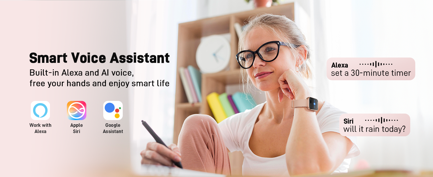 Smart voice assistant device with built-in Alexa and AI voice capabilities. Image shows icons for wake word, light, and audiobook features, alongside a woman using the device.